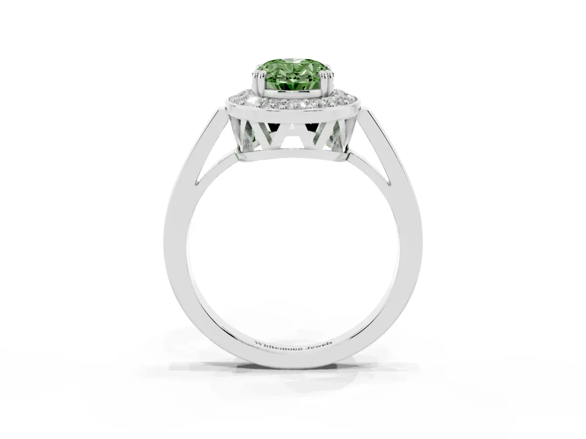 Fancy Green Oval Cut Diamond Halo Ring with Split Shank and Four-Prong Setting Silver