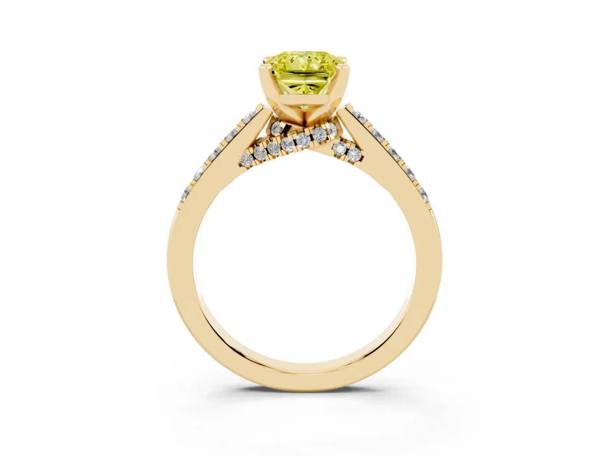 Fancy Yellow Radiant Cut Diamond Solitaire Ring with Crossover Gallery and Round Pavé Band Yellow gold