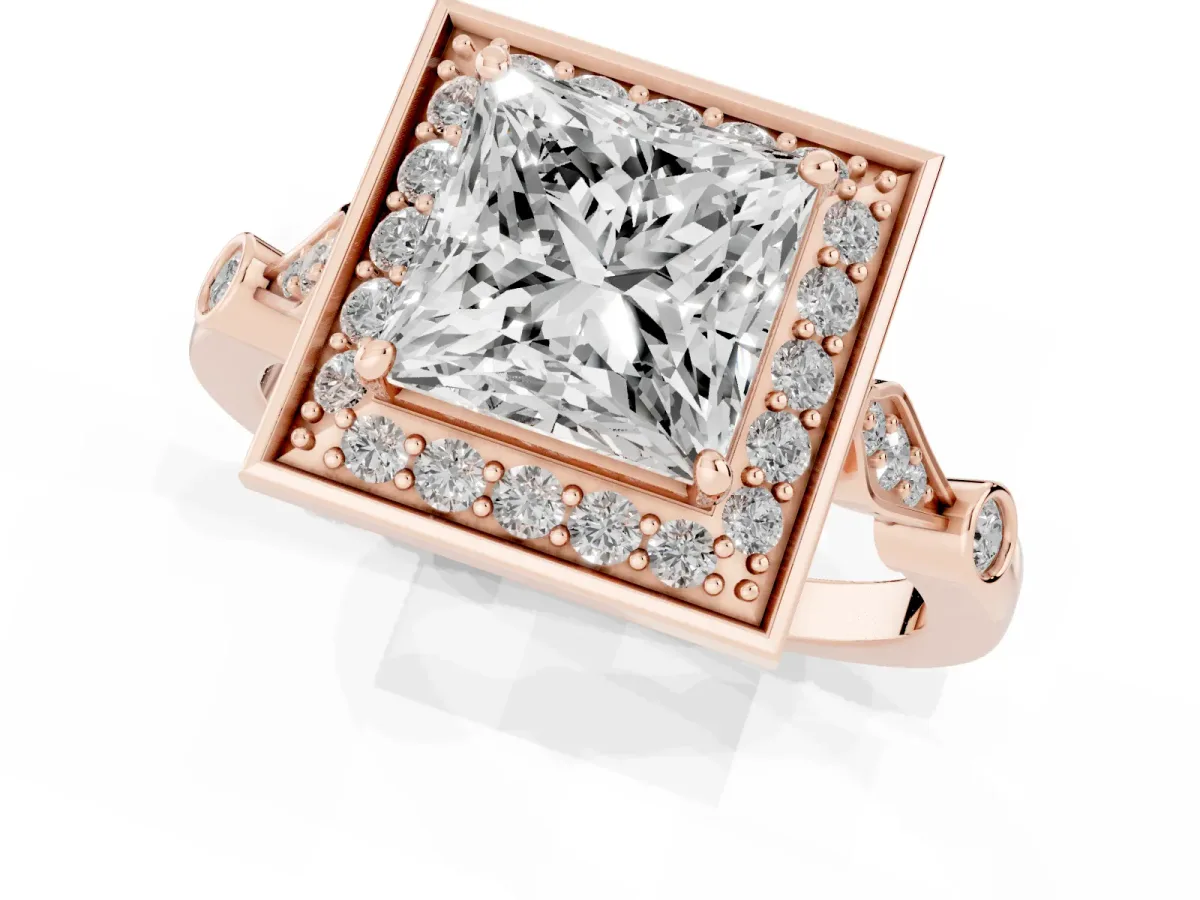 Princess Cut Halo Diamond Engagement Ring with Twisted Band and Four-Prong Setting Rose gold
