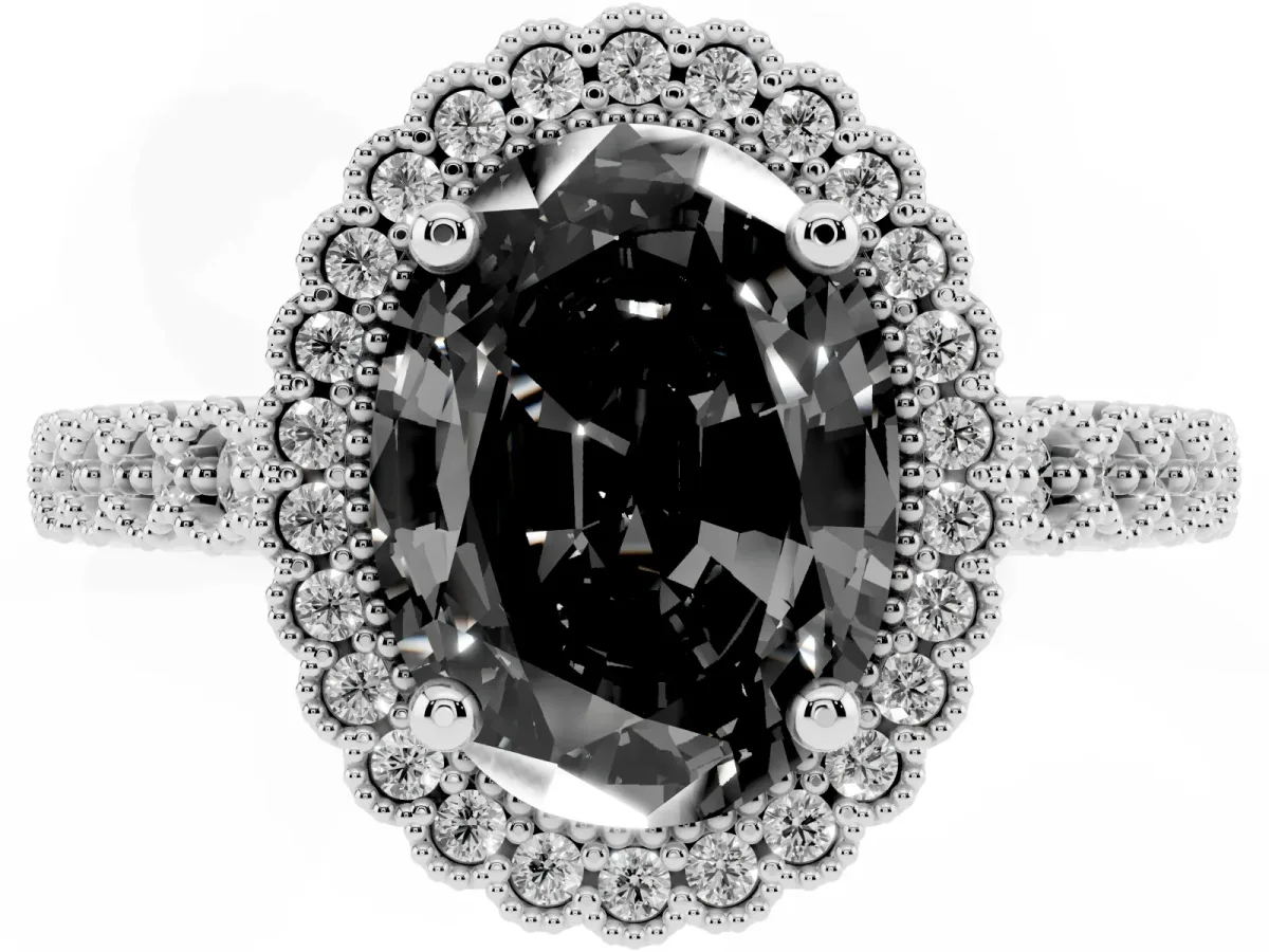 Fancy Black Oval Cut Cut Halo Pavé Solitaire Ring with Milgrain Band Silver