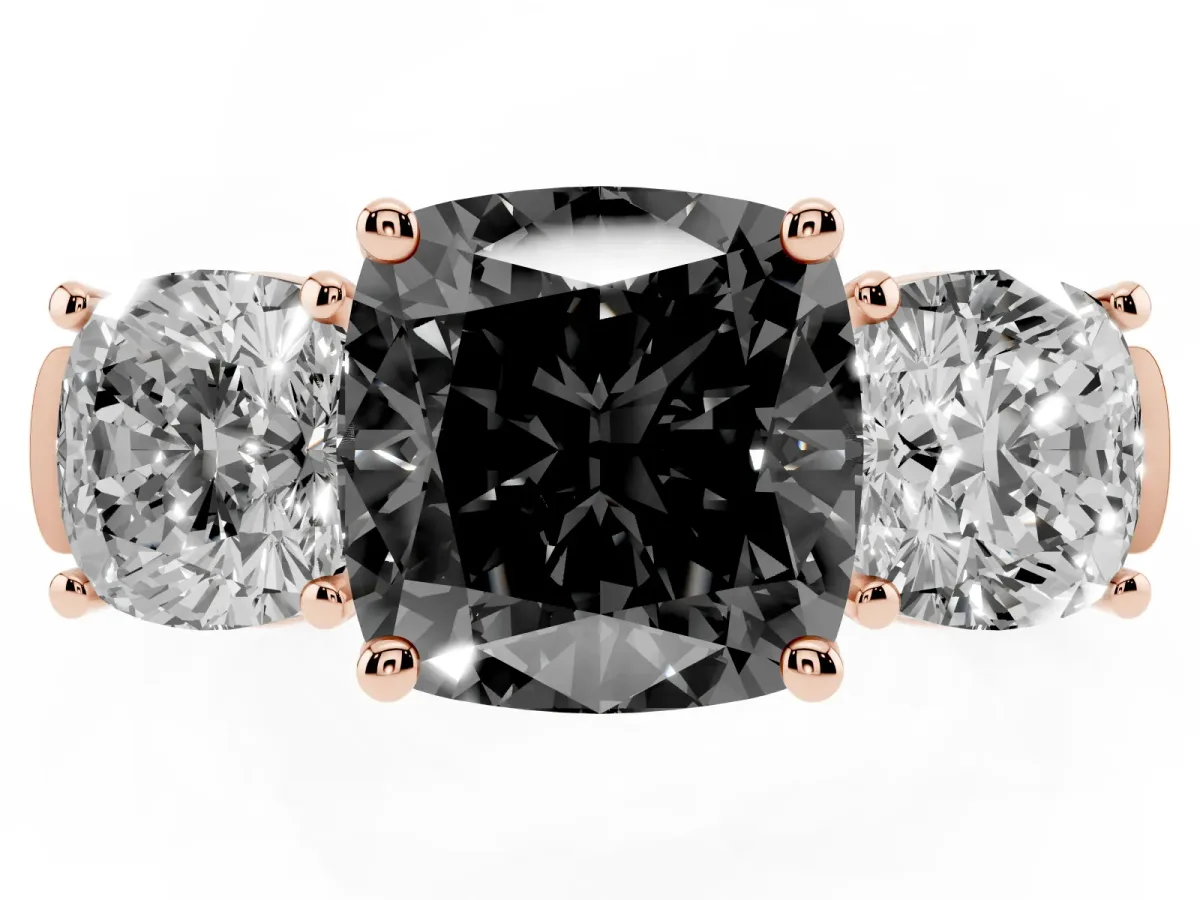 Fancy Black Three-Stone Cushion Cut Brilliant Diamond Trellis Ring with Comfort Fit Band Rose gold