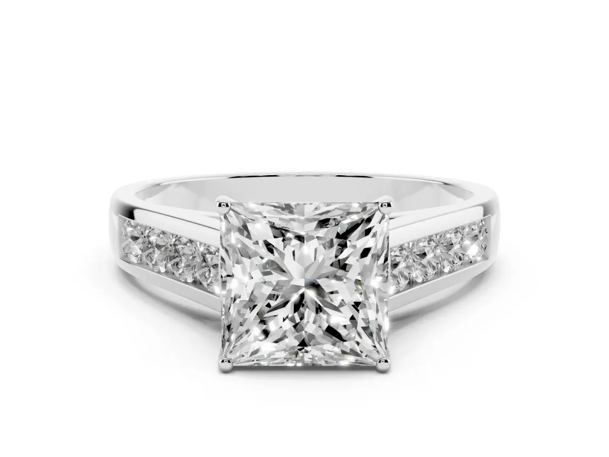 Princess Cut Solitaire Channel-Set Diamond Engagement Ring with Four-Prong Setting Platinum