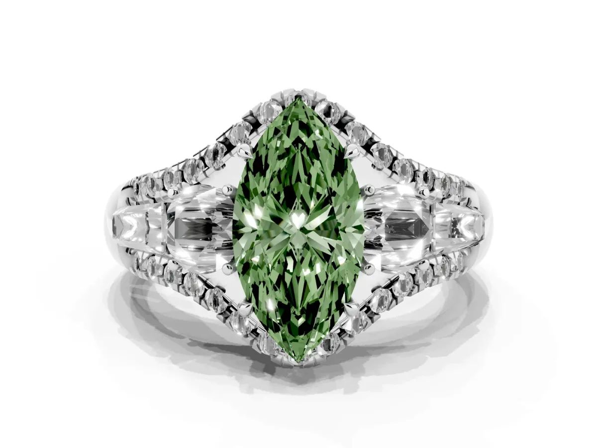 Fancy Green Three-Stone Marquise Cut Diamond Engagement Ring with Pave Band and Prong Setting Silver