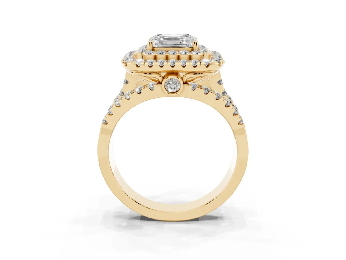 Asscher Cut Diamond Double Halo Ring with Round Pavé Split Shank and Prong Setting Yellow gold