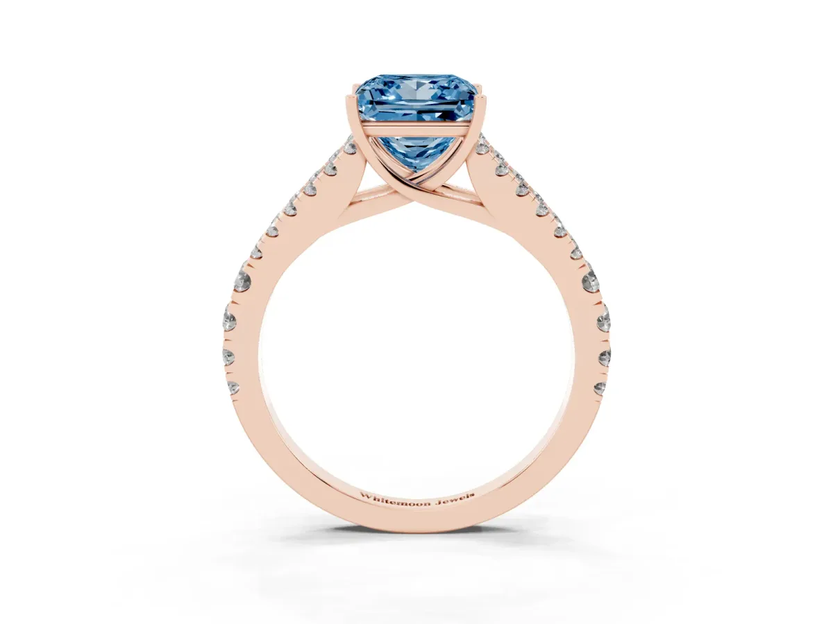 Fancy Blue Princess Cut Diamond Split Shank Pavé Engagement Ring with Four-Prong Setting Rose gold