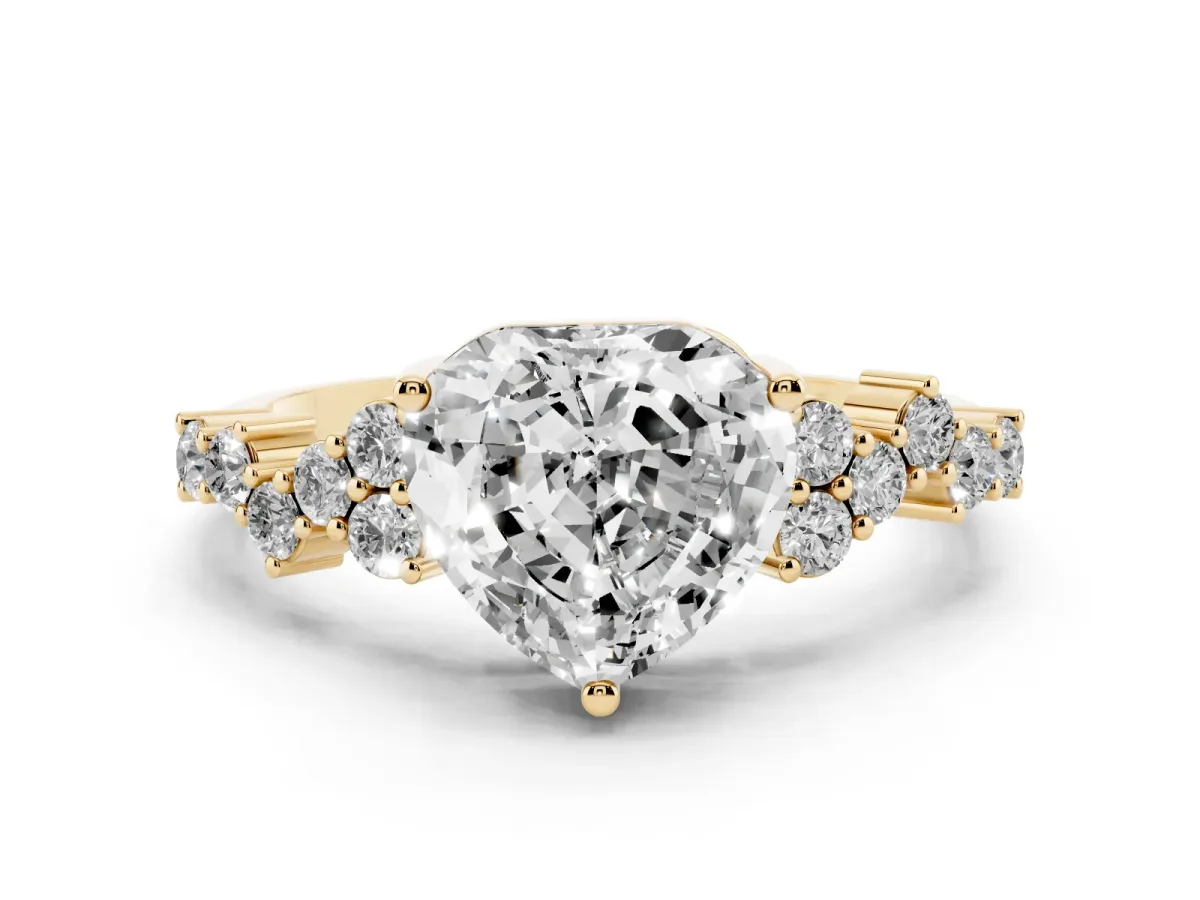 Heart Cut Diamond Scattered Round Accent Ring with Prong Setting Yellow gold