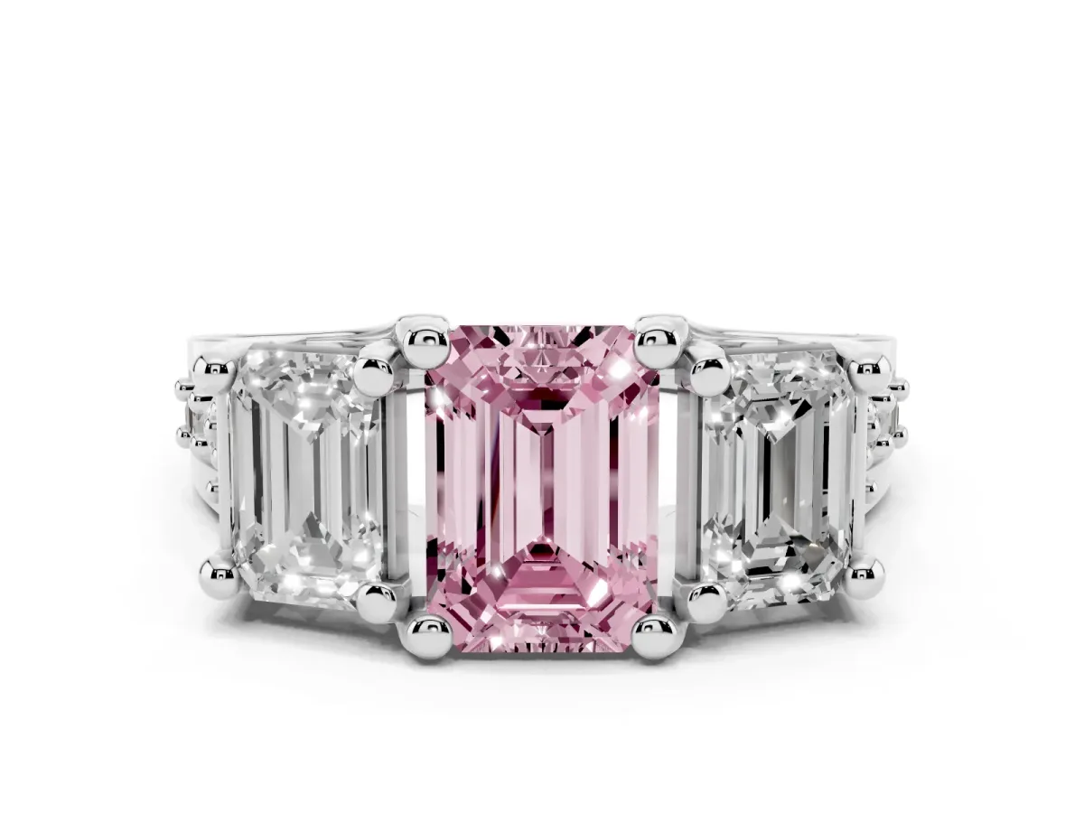 Fancy Pink Emerald Cut Diamond Three-Stone Ring with Channel Set Band and Four-Prong Setting Silver