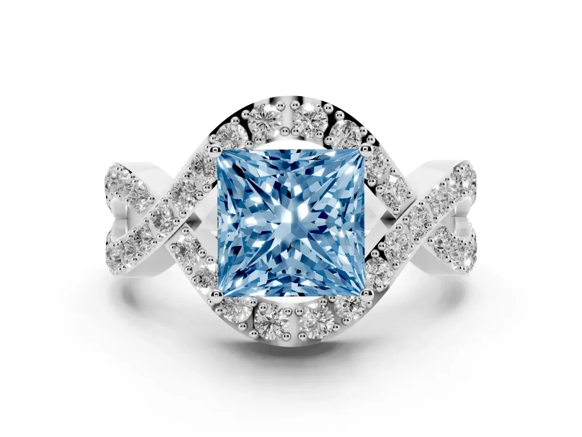 Fancy Blue Princess Cut Solitaire Twist Band Pavé Diamond Engagement Ring White gold
