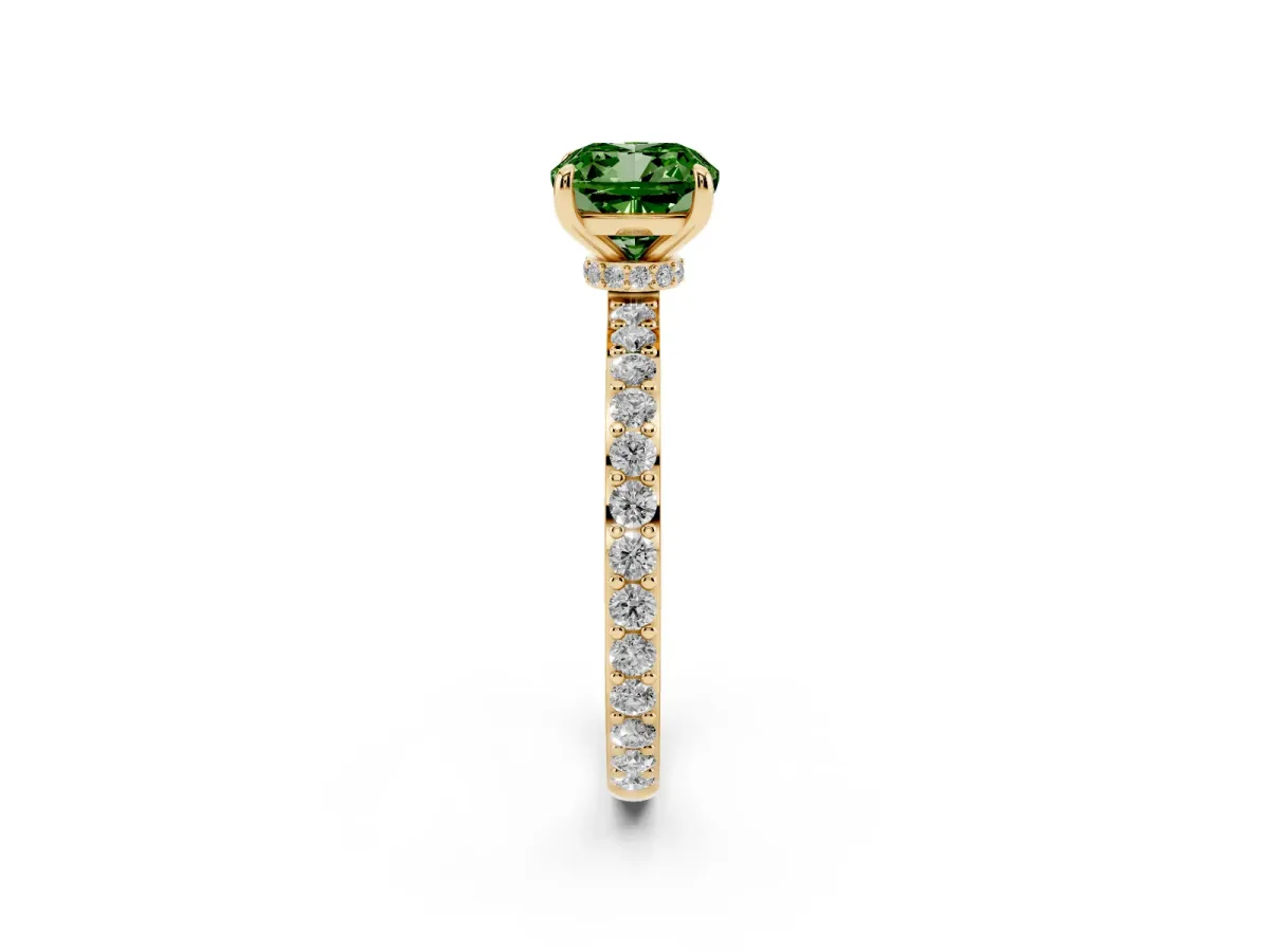 Fancy Green Cushion Cut Diamond Solitaire Engagement Ring with Pavé Band and Four-Prong Setting Yellow gold