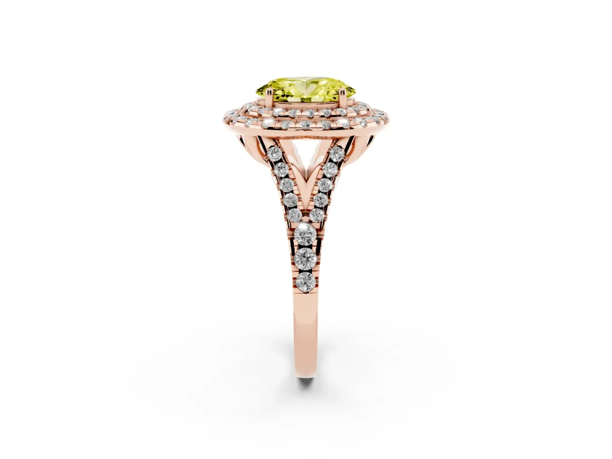 Fancy Yellow Double Halo Oval Cut Diamond Pavé Split Shank Ring with Prong Setting Rose gold