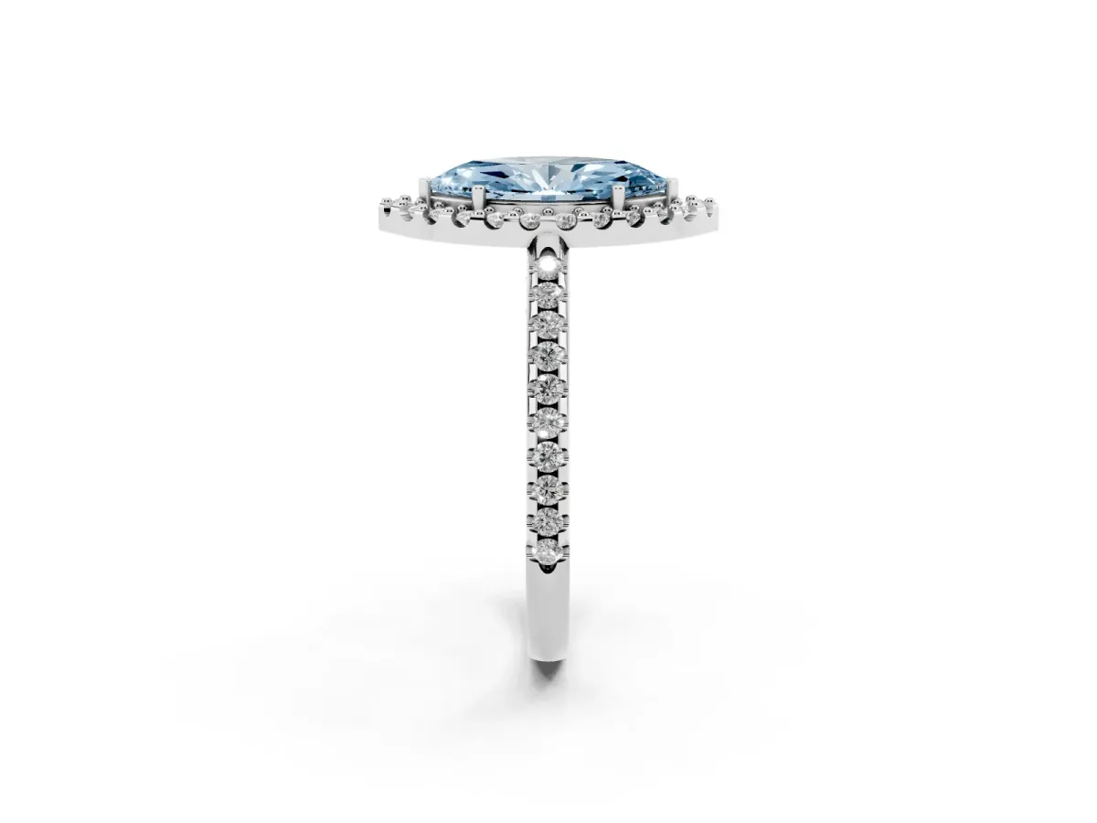 Fancy Blue Marquise Cut Diamond Pavé Halo Ring with Four-Prong Setting Silver