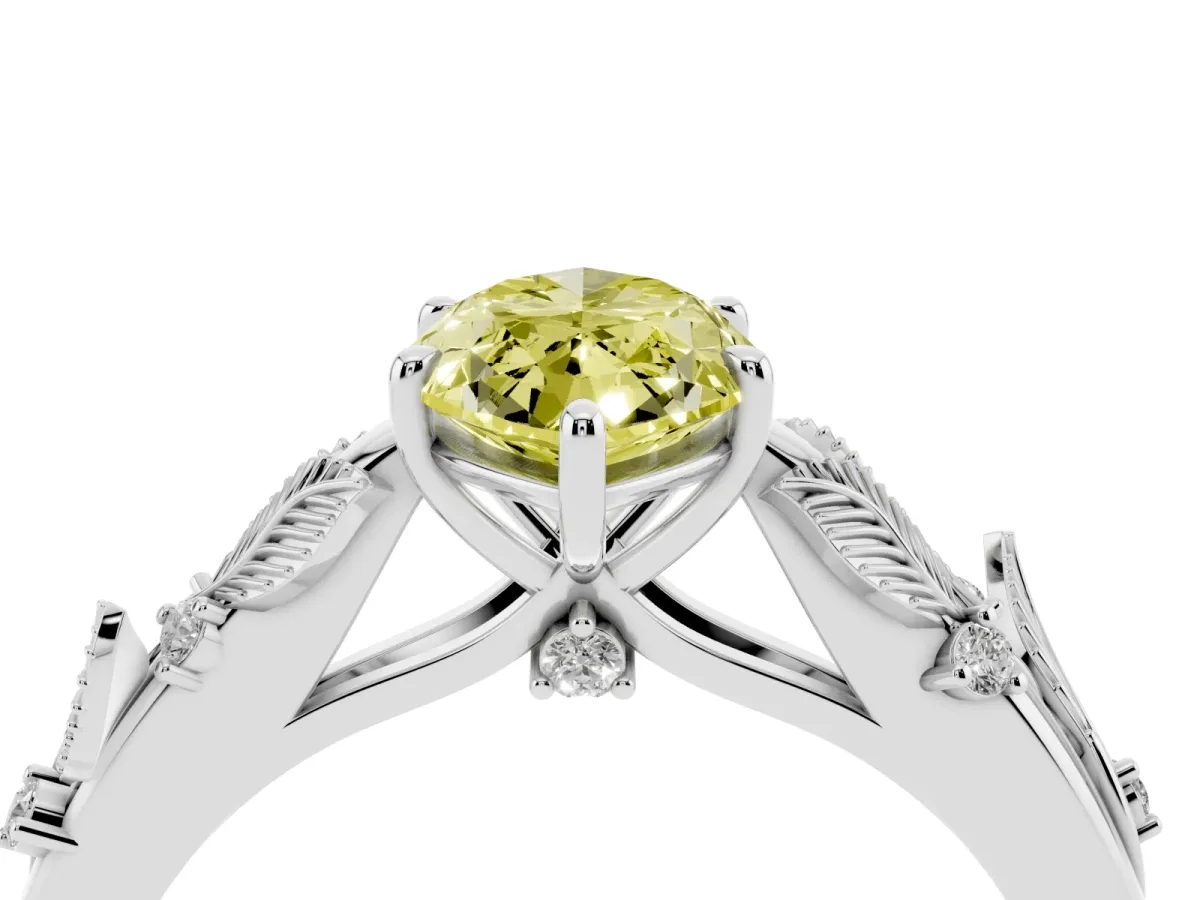 Fancy Yellow Marquise Cut Diamond Solitaire Ring with Leaf Motif Band and Four-Prong Setting Silver