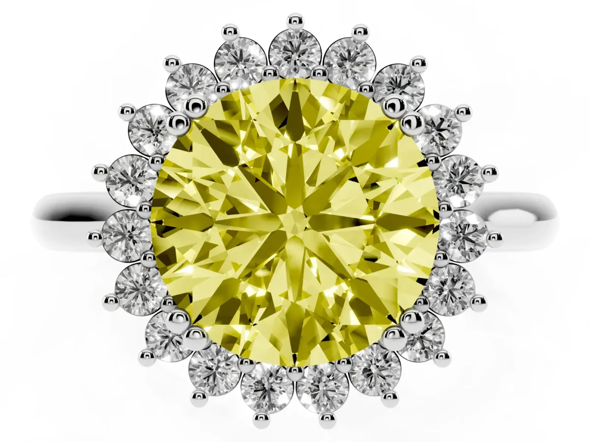 Fancy Yellow Round Cut Cut Diamond Halo Ring with Solitaire Band and Prong Setting Silver