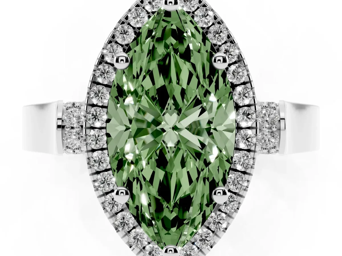 Fancy Green Marquise Cut Halo Round Diamond Twist Band with Four-Prong Setting White gold