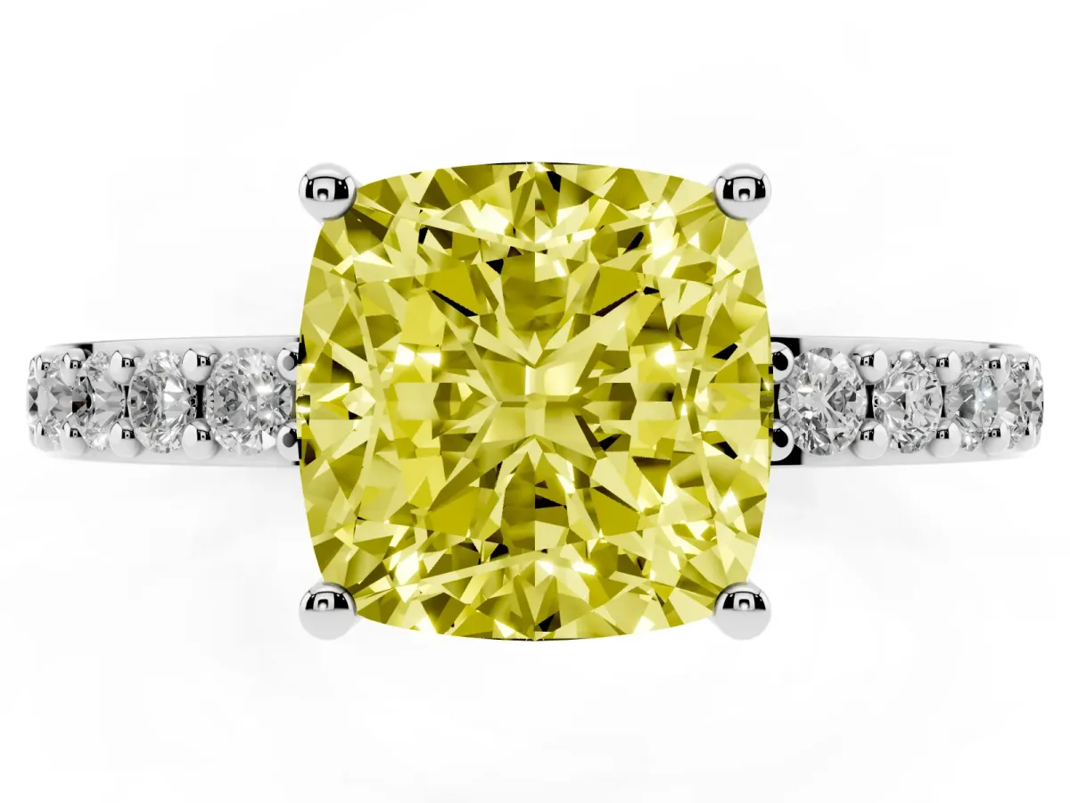 Fancy Yellow Cushion Cut Cut Diamond Solitaire with Pave Band and Four-Prong Setting Silver