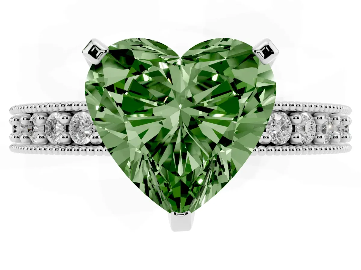 Fancy Green Heart Cut Diamond Milgrain Pavé Engagement Ring with Four-Prong Setting Silver