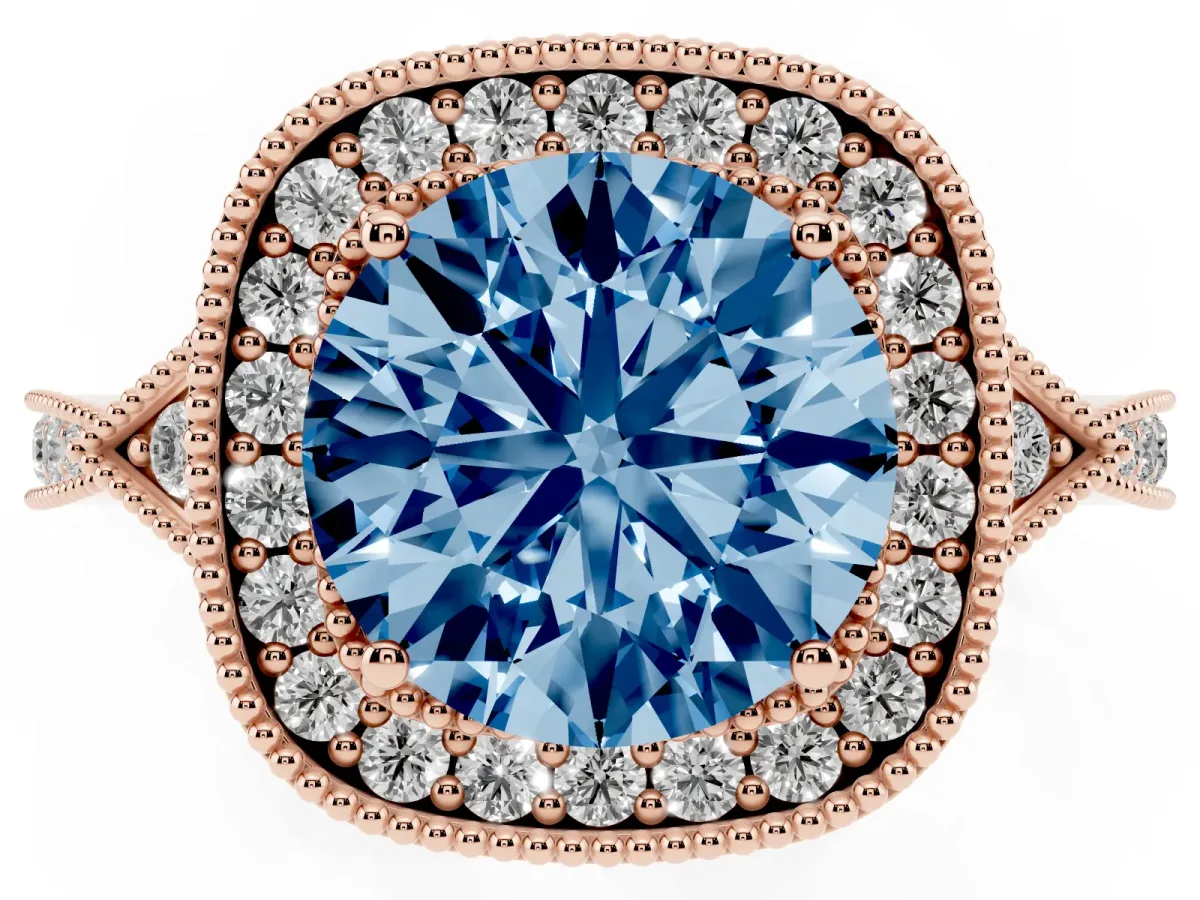 Fancy Blue Round Cut Halo Round Diamond Milgrain Pave Engagement Ring Rose gold