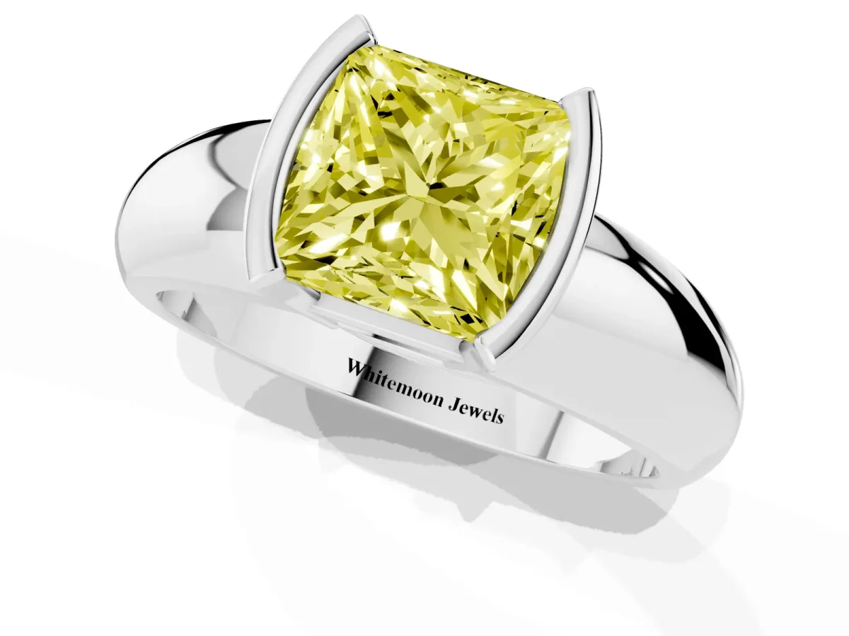 Fancy Yellow Princess Cut Solitaire Tension Set Diamond Ring with Wide Band Silver