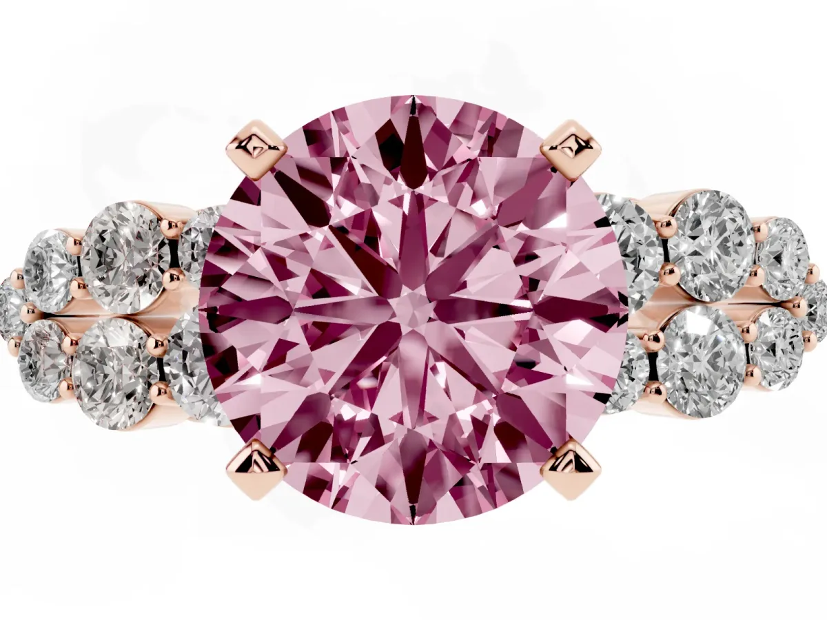 Fancy Pink Round Cut Cluster Diamond Engagement Ring with Pavé Band and Four-Prong Setting Rose gold