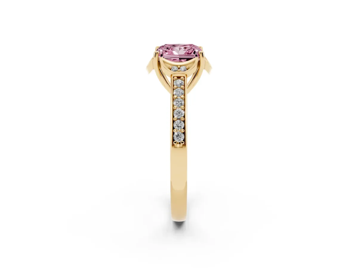 Fancy Pink Princess Cut Cut Halo Diamond Ring with Channel Set Band and Four-Prong Setting Yellow gold