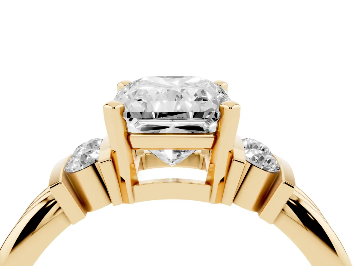 Radiant Cut Cut Three-Stone Channel Set Ring with Bar Prongs Yellow gold