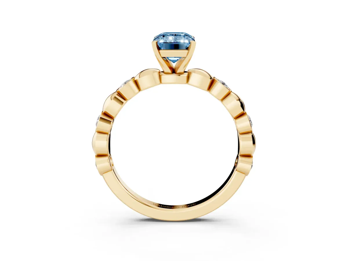 Fancy Blue Emerald Cut Solitaire Bezel-Set Diamond Ring with Beaded Band and Four-Prong Setting Yellow gold