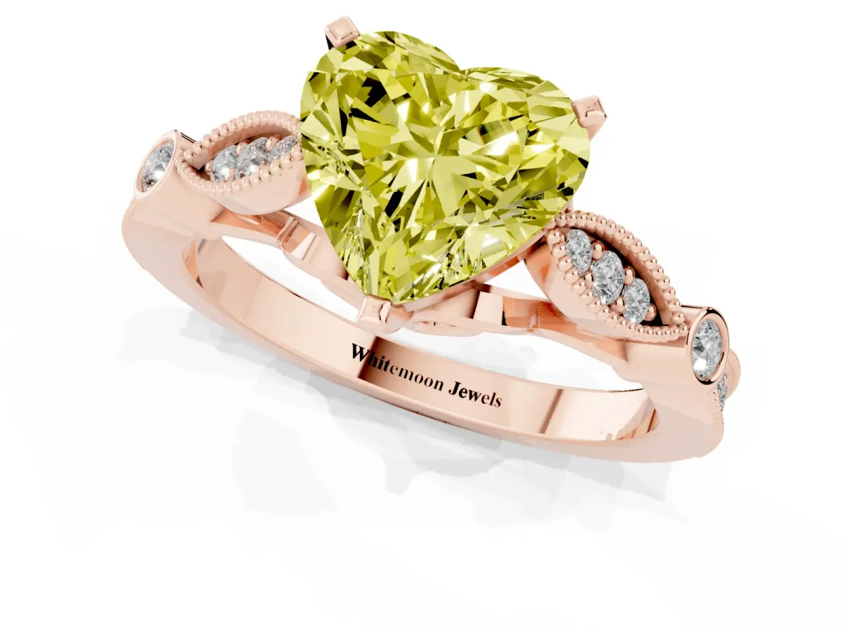 Fancy Yellow Heart Cut Cut Diamond with Milgrain Marquise and Bezel Accents on a Solitaire Band with Prong Setting Rose gold