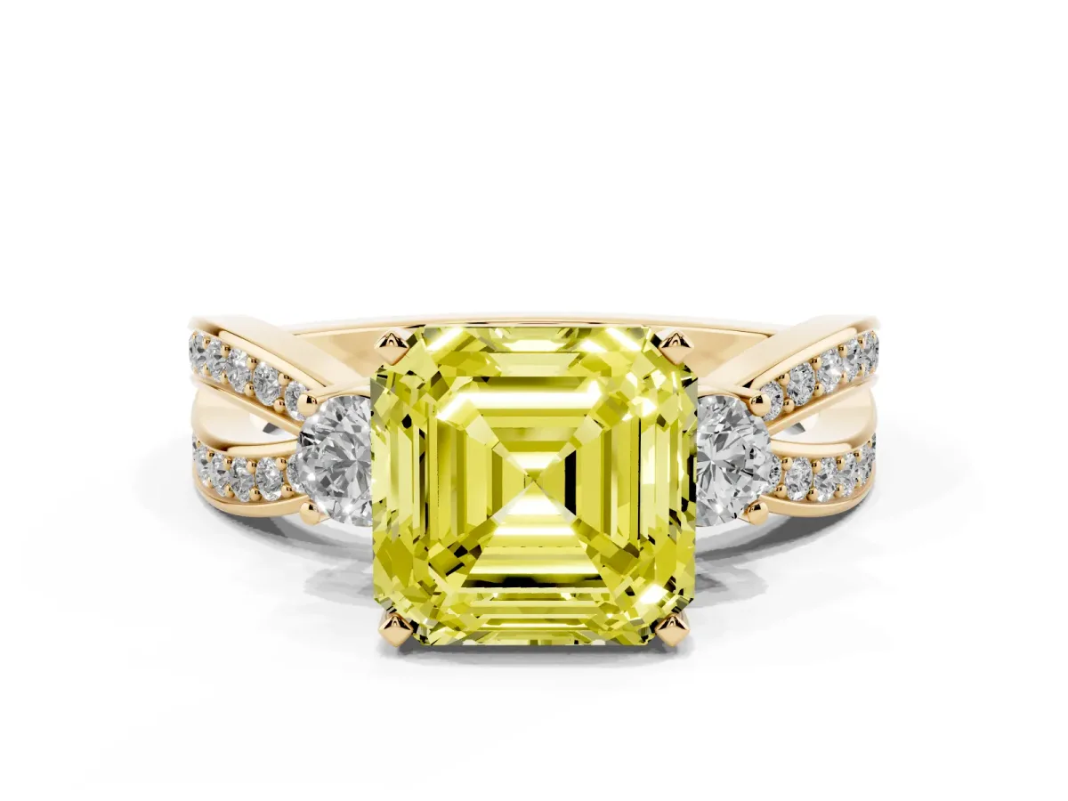 Fancy Yellow Three-Stone Asscher Cut Cut Diamond Twist Band with Prong Setting Yellow gold