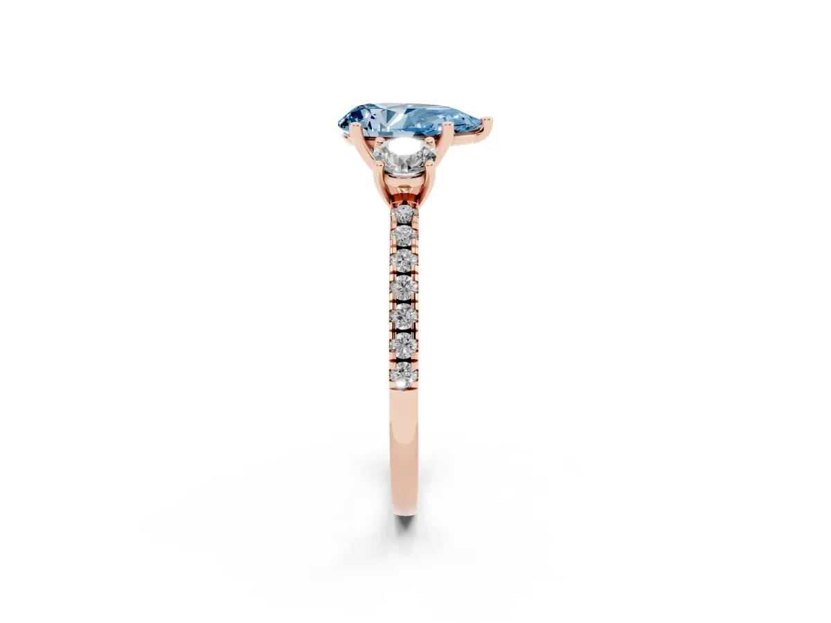 Fancy Blue Three-Stone Pear Cut Cut Diamond Pavé Band with Prong Setting Rose gold