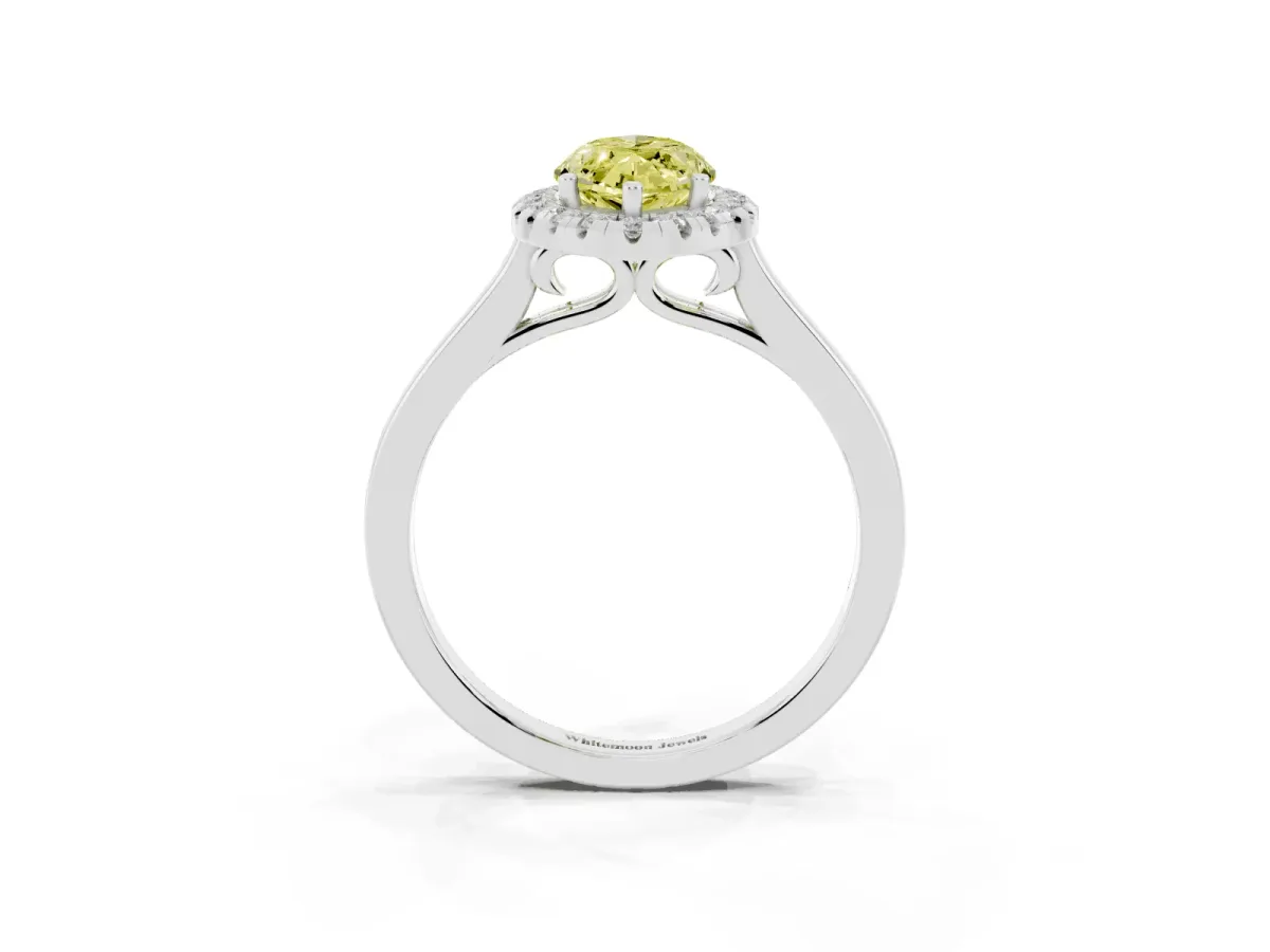 Fancy Yellow Marquise Cut Halo Round Diamond Solitaire Ring with Pavé Band and Four-Prong Setting Silver