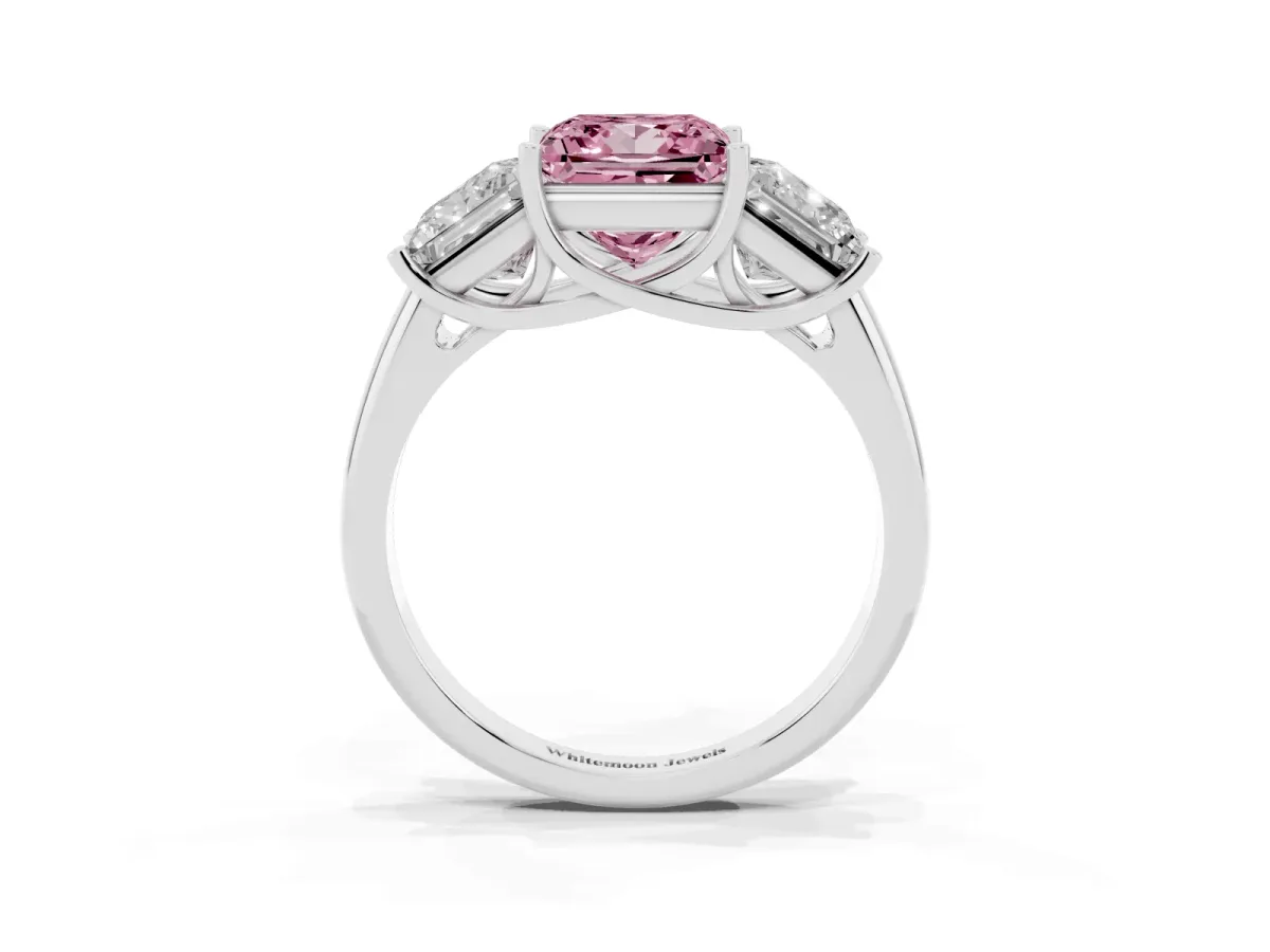 Fancy Pink Three-Stone Princess Cut Diamond Engagement Ring with Prong Setting White gold