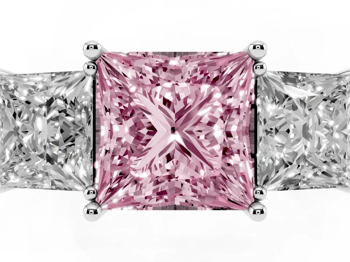 Fancy Pink Three-Stone Princess Cut Cut Diamond Engagement Ring with Prong Setting on a White Gold Band Platinum