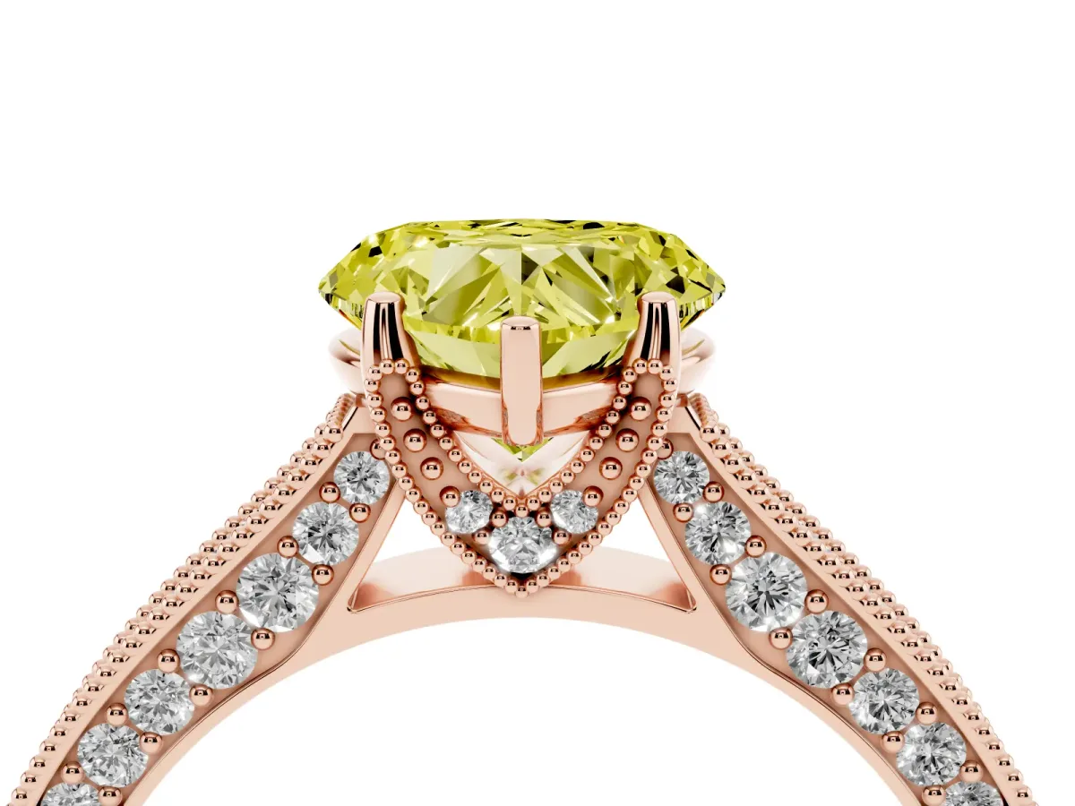 Fancy Yellow Heart Cut Cut Diamond Solitaire Ring with Milgrain Pave Band and Four Prong Setting Rose gold
