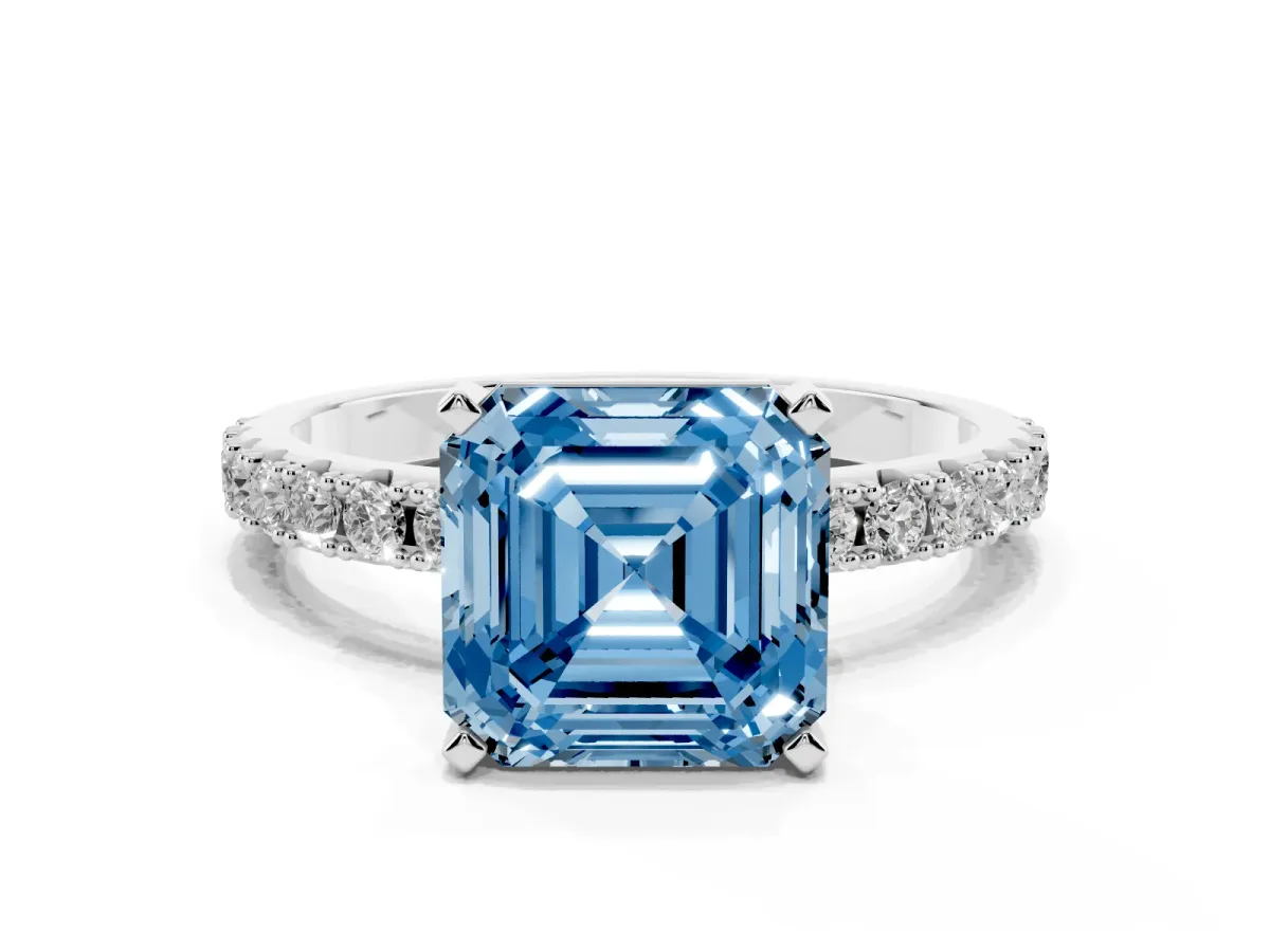 Fancy Blue Asscher Cut Diamond Solitaire Pavé Band with Four-Prong Setting Silver