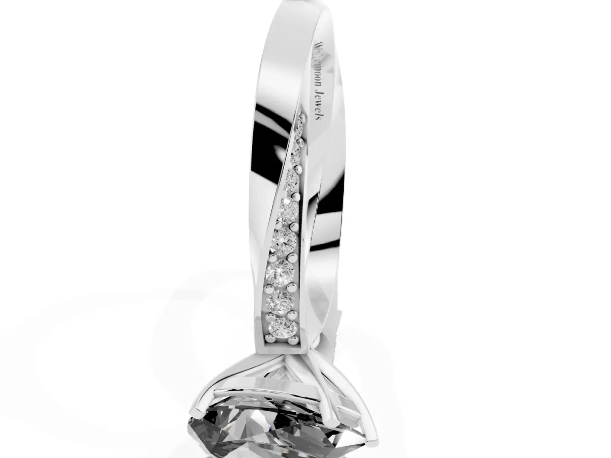Fancy Black Pear Cut Diamond Engagement Ring with Side Stone Accents and Four-Prong Setting Silver