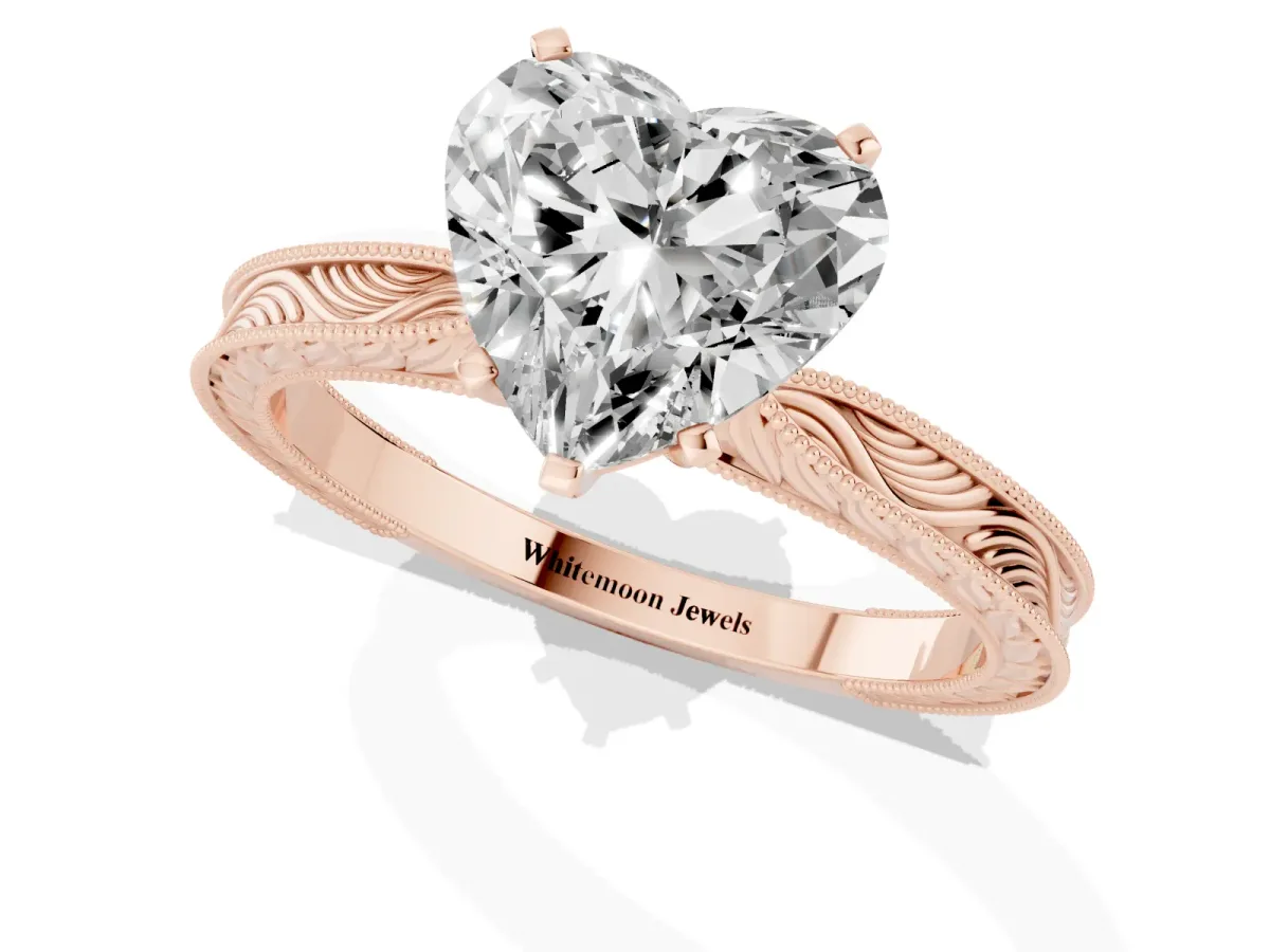 Heart Cut Solitaire Milgrain Engraved Band with Four-Prong Setting Rose gold