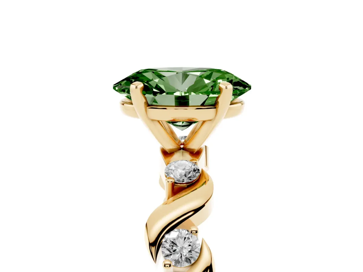 Fancy Green Oval Cut Diamond Solitaire Twisted Band with Round Accents and Prong Setting Yellow gold