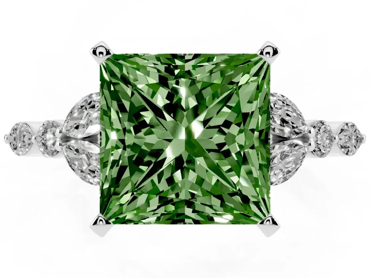 Fancy Green Princess Cut Diamond Solitaire Ring with Side Stones and Four-Prong Setting Silver