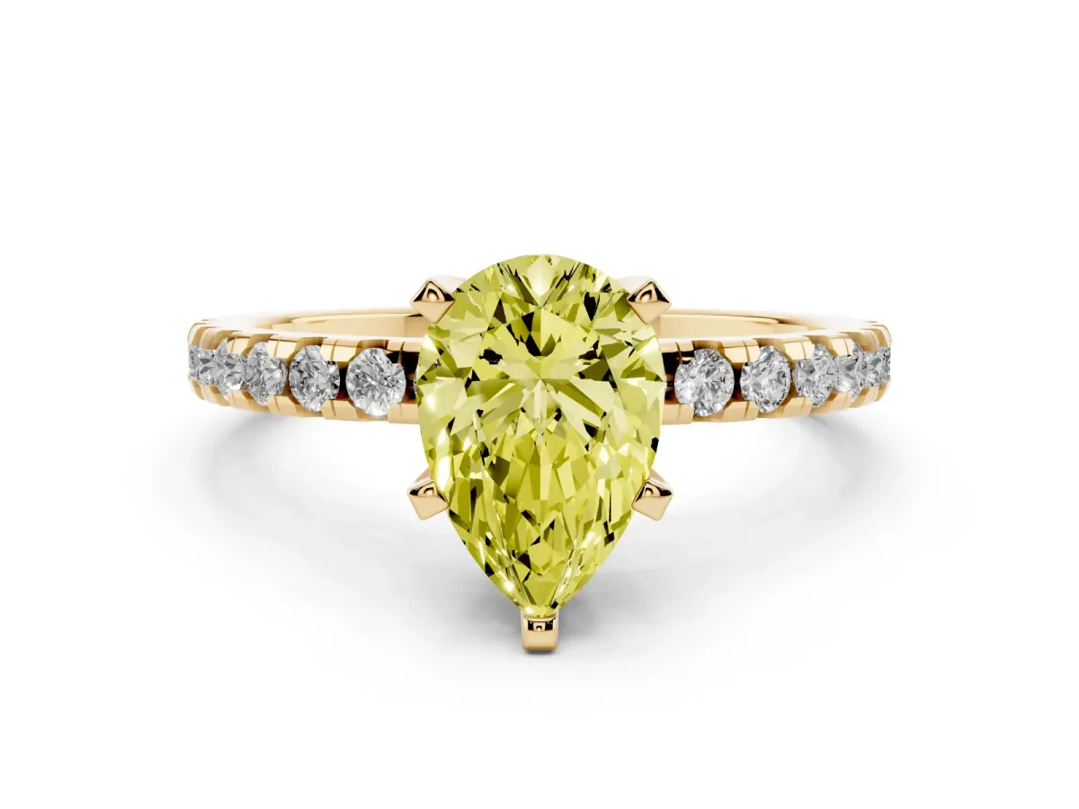 Fancy Yellow Pear Cut Diamond Solitaire Ring with Round Pavé Band and Four-Prong Setting Yellow gold