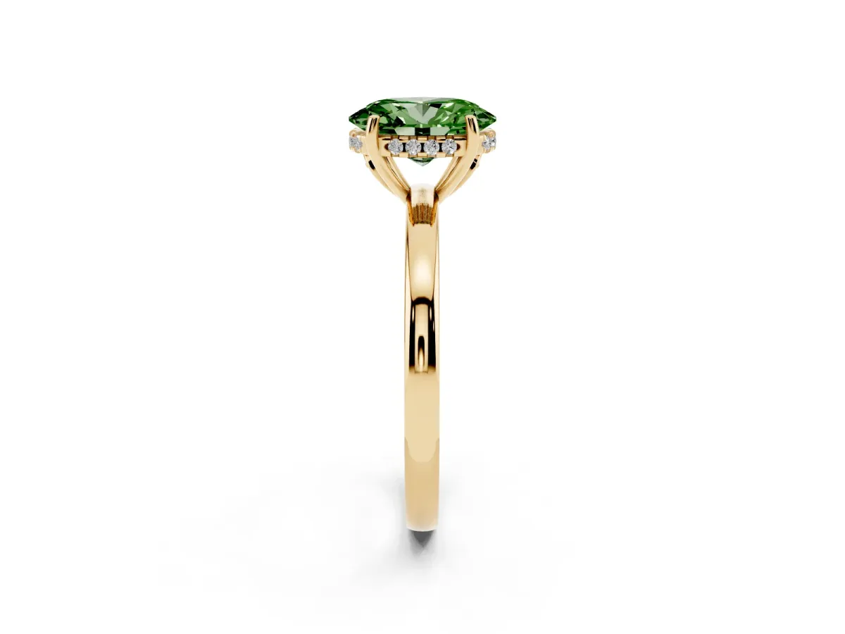 Fancy Green Oval Cut Solitaire Diamond Ring with Prong Setting and Plain Band Yellow gold
