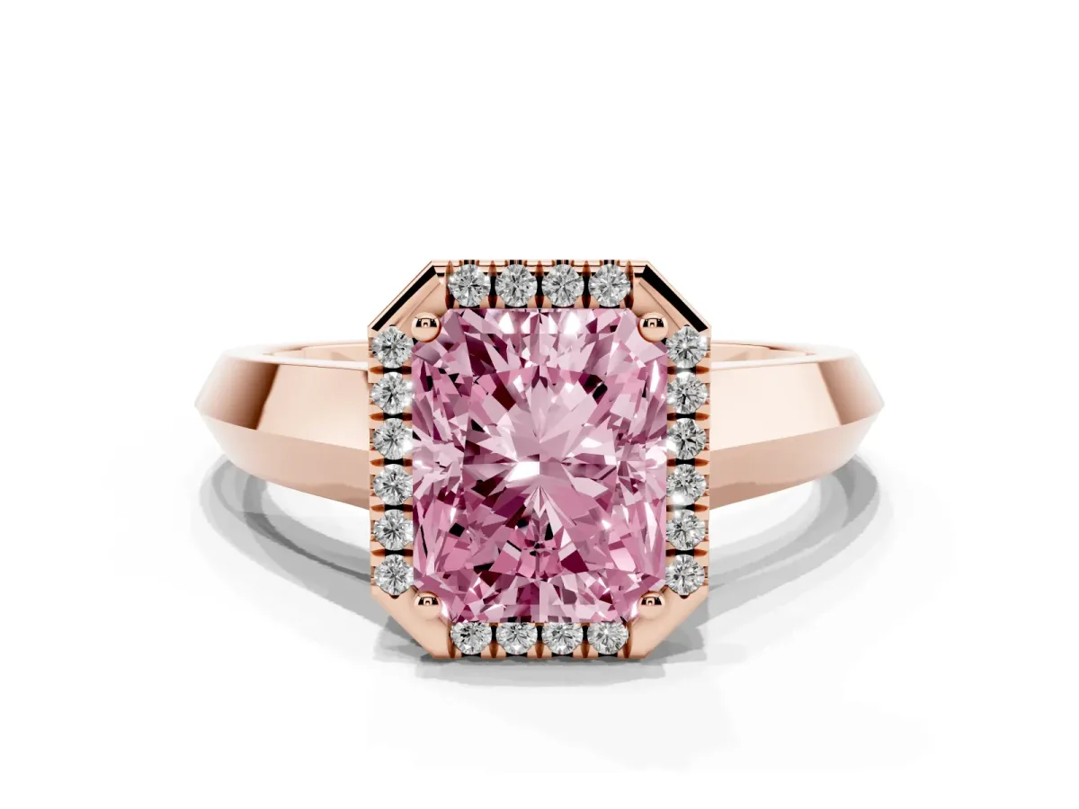 Fancy Pink Radiant Cut Halo Diamond Ring with Cathedral Band and Four-Prong Setting Rose gold