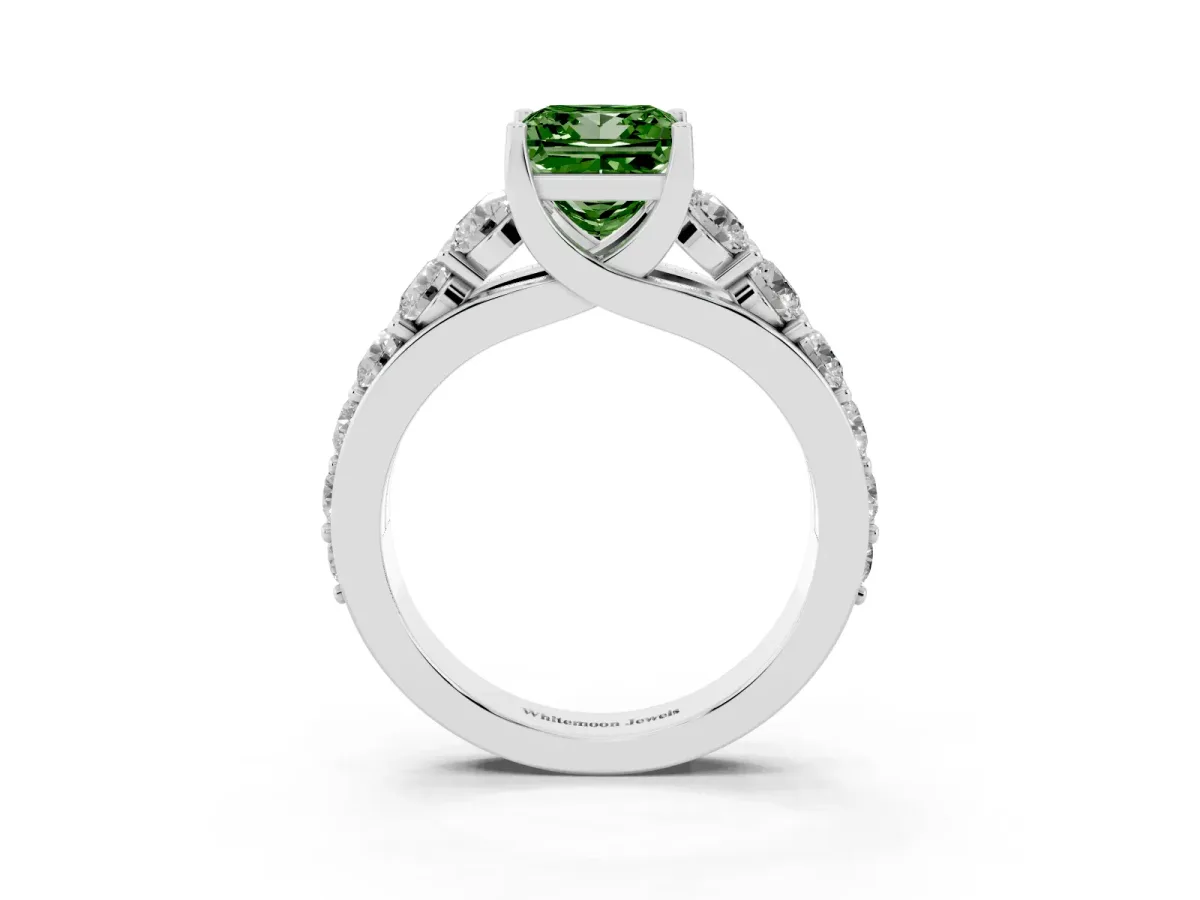 Fancy Green Princess Cut Diamond Engagement Ring with Pavé Band and Four-Prong Setting Silver