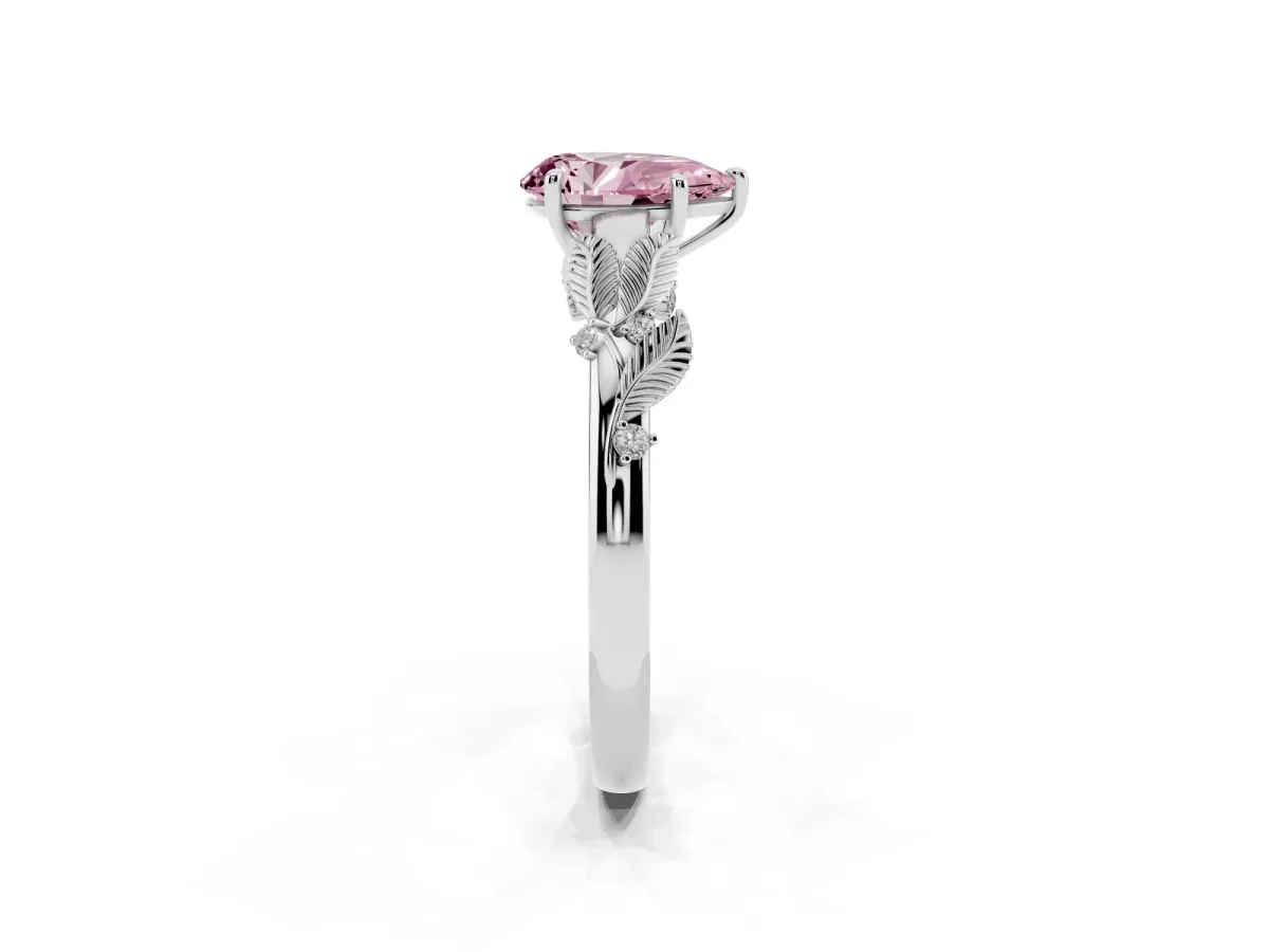 Fancy Pink Pear Cut Diamond Solitaire Ring with Leaf Motif Band and Four-Prong Setting Silver