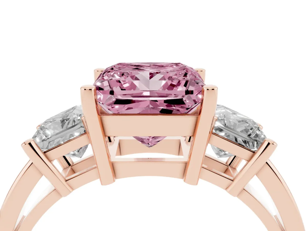 Fancy Pink Three-Stone Princess Cut Cut Solitaire Ring with Prong Setting Rose gold