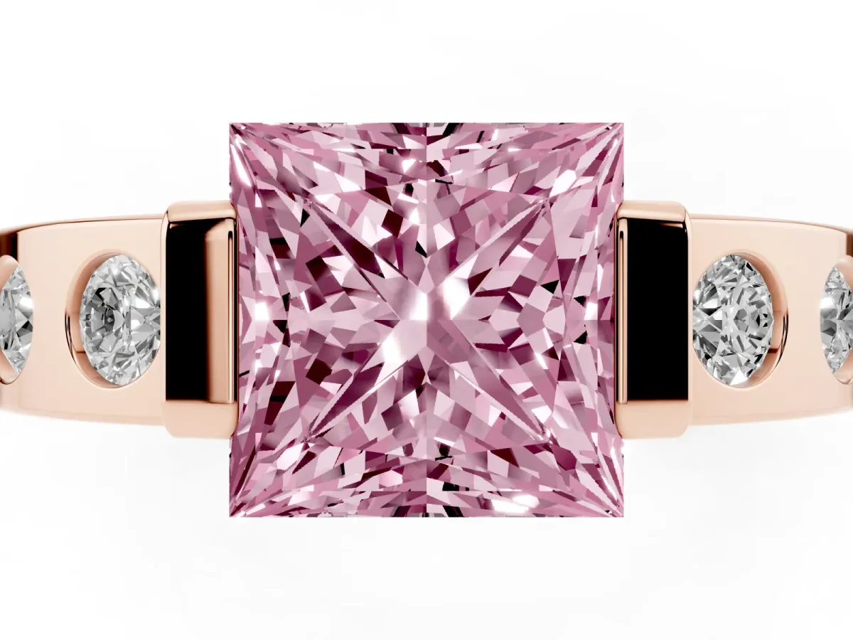 Fancy Pink Princess Cut Brilliant Channel-Set Diamond Ring with Bezel Prong Setting Rose gold