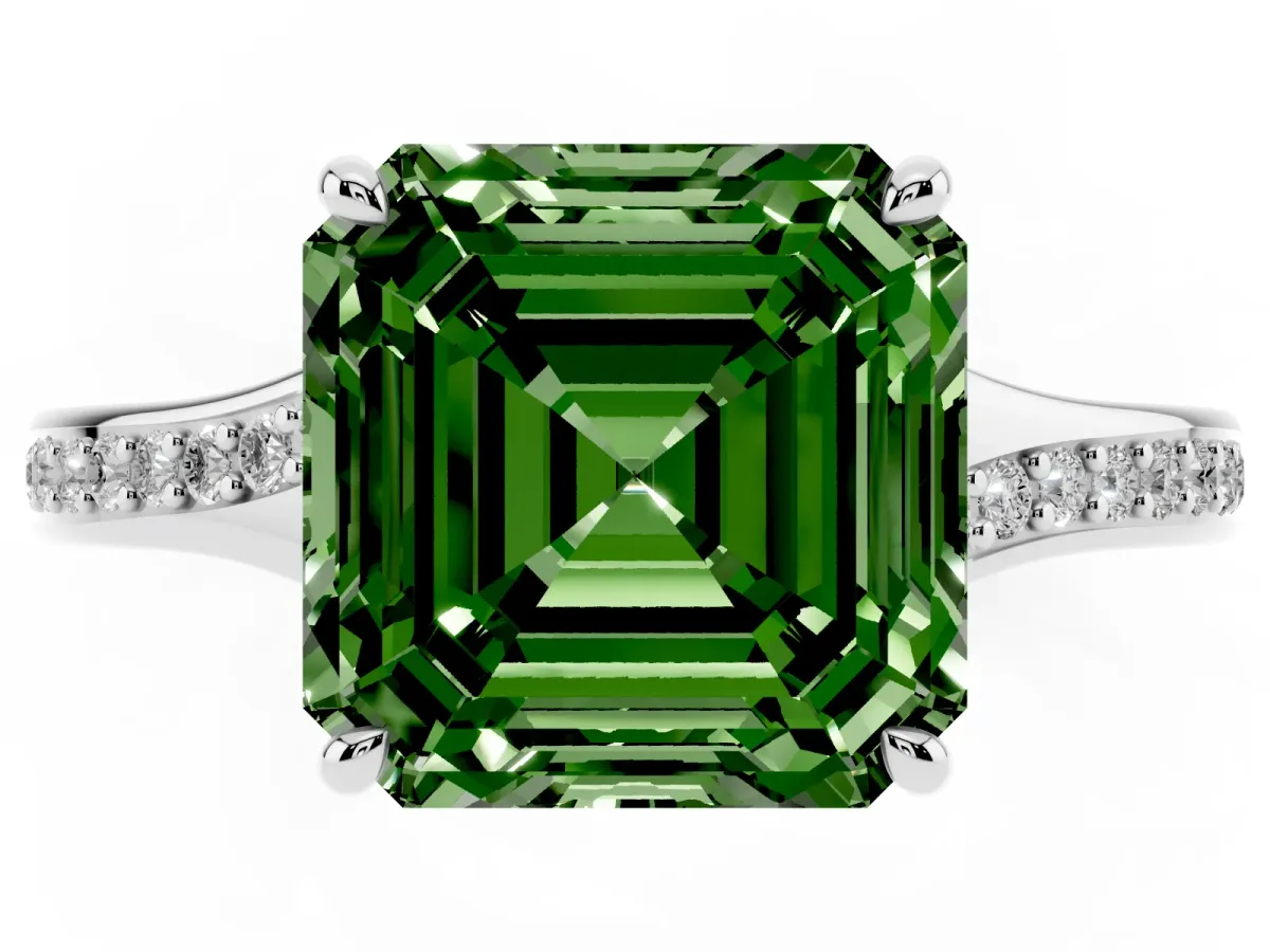 Fancy Green Asscher Cut Diamond Solitaire Ring with Pavé Band and Prong Setting Silver