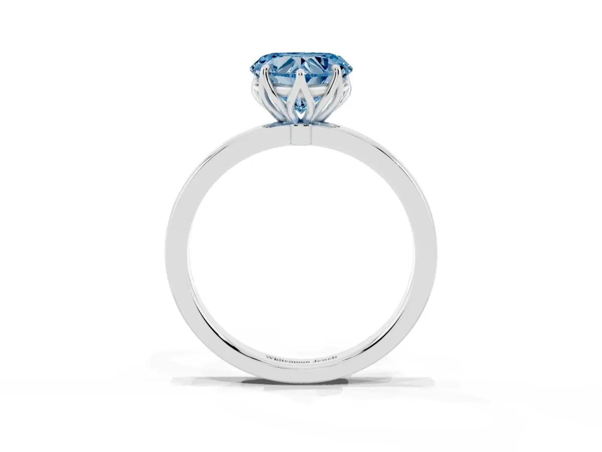 Fancy Blue Heart Cut Diamond Solitaire Ring with Thin Band and Prong Setting Silver