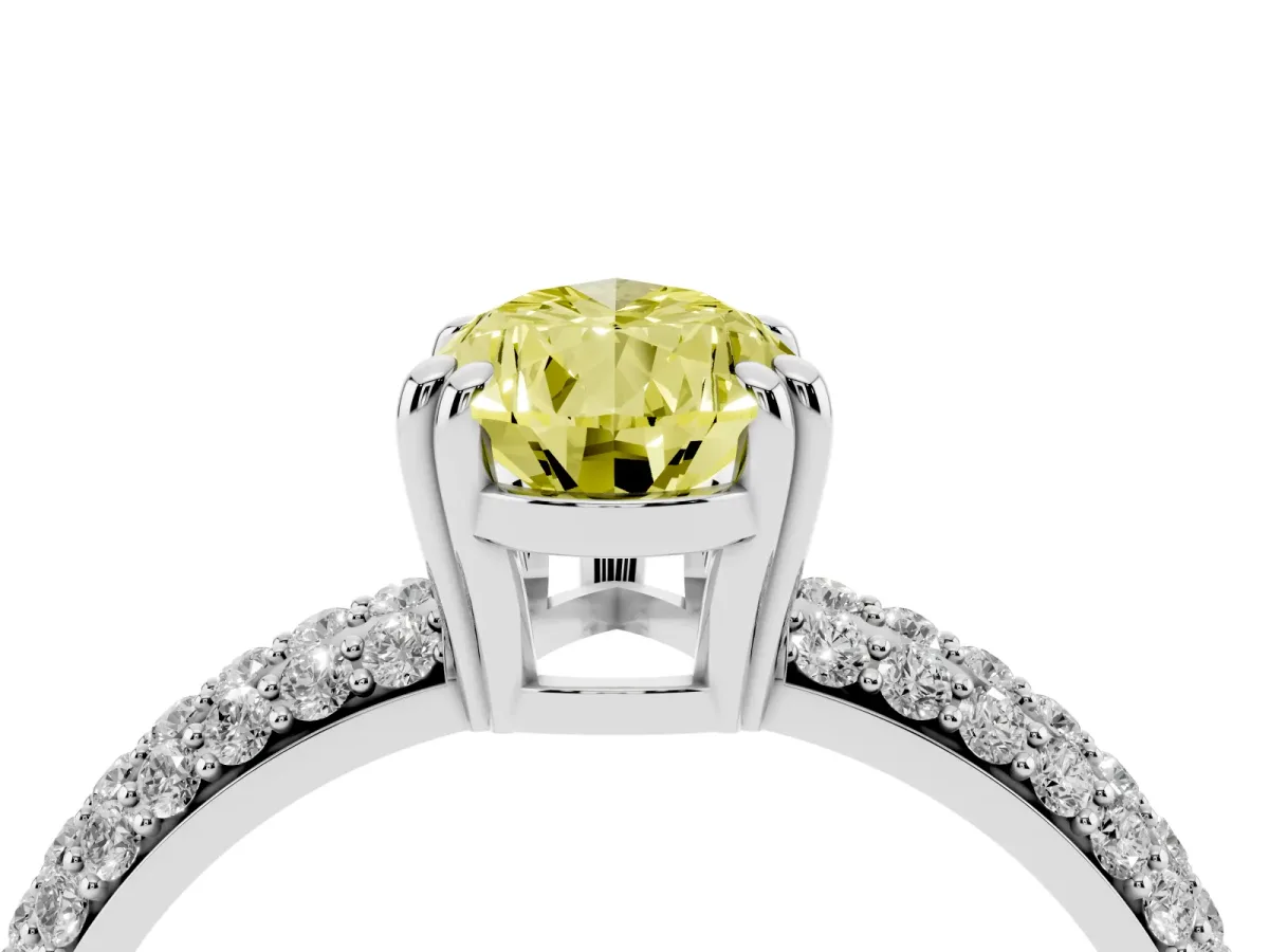 Fancy Yellow Pear Cut Diamond Solitaire Ring with Multi-Row Round Pavé Band and Prong Setting Silver