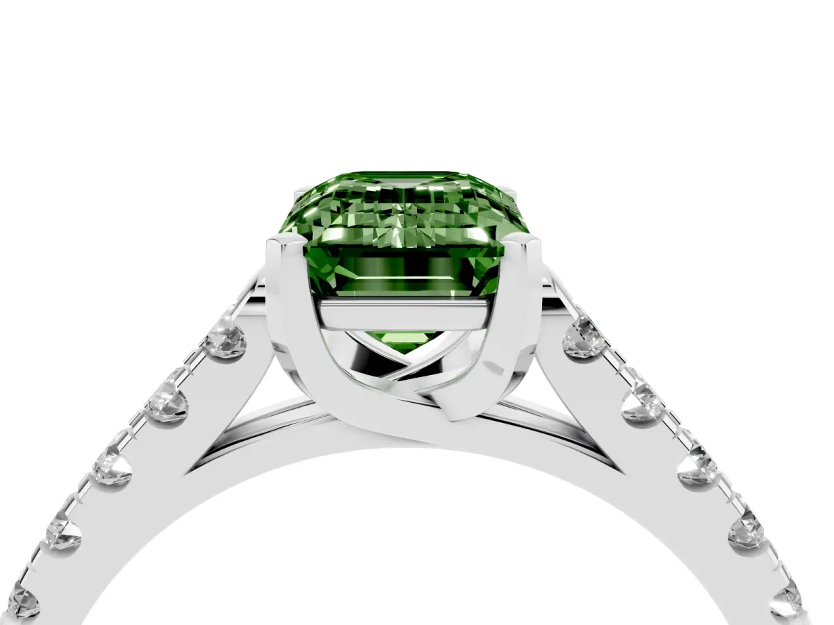 Fancy Green Emerald Cut Diamond Pavé Band Solitaire Ring with Prong Setting Platinum