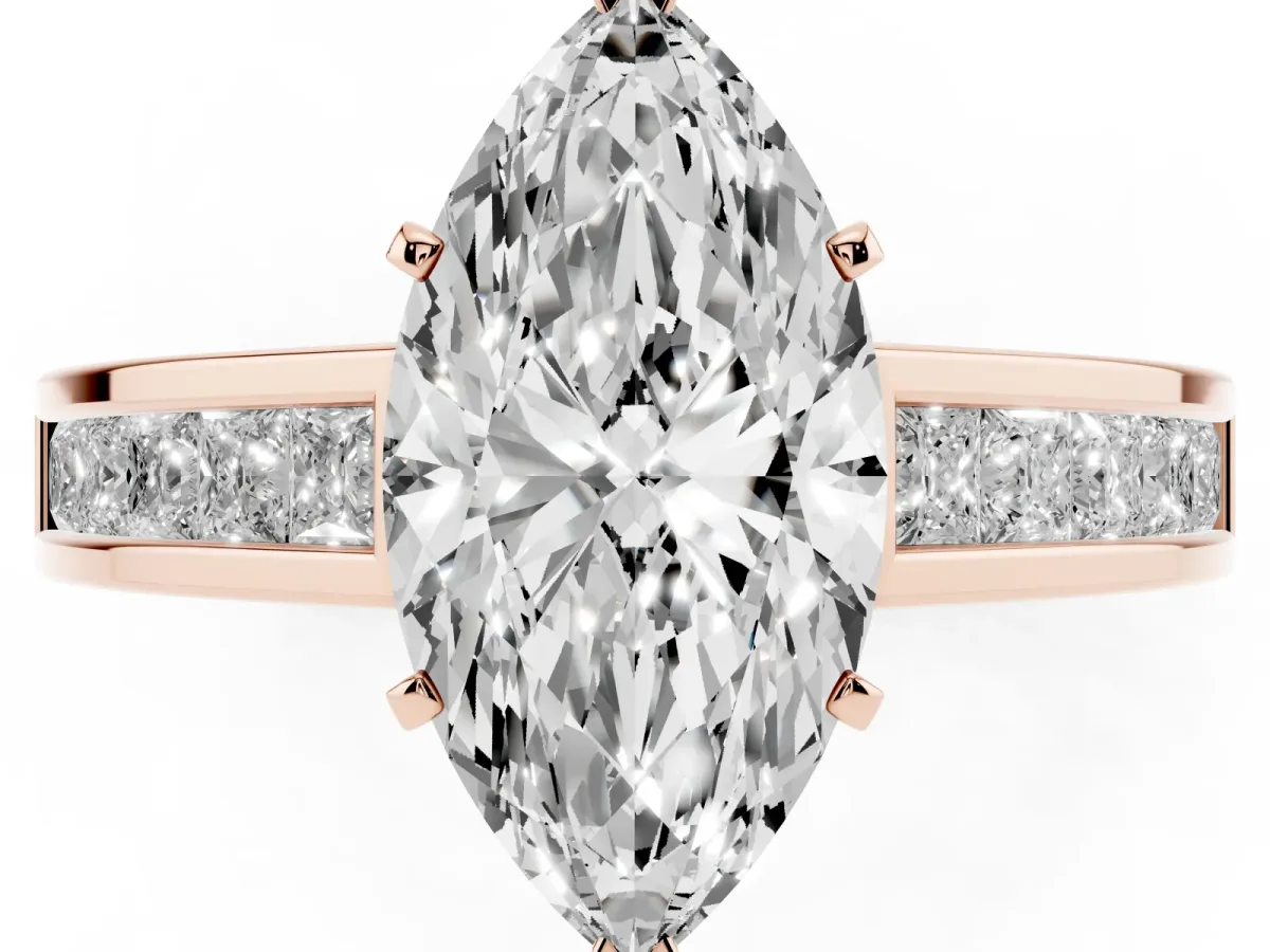 Marquise Cut Solitaire Diamond Ring with Channel-Set Band and Four-Prong Setting Rose gold